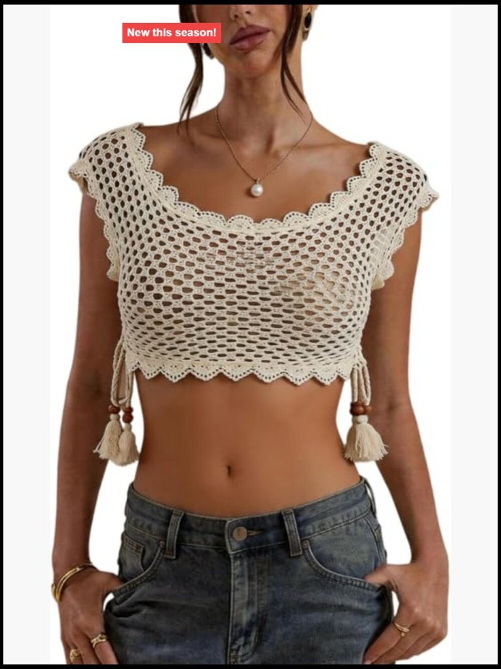 Lace Trim Crochet Cap Sleeve Hollow Out Sheer Crop Top Boho Vacation